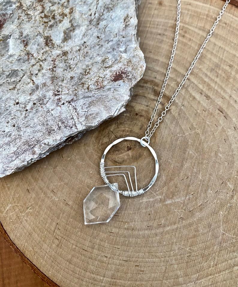 NECKLACE Clear Crystal Quartz Hexagon and Sterling Silver Circle Pendant Necklace Hoop Necklace