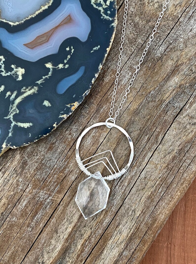 NECKLACE Clear Crystal Quartz Hexagon and Sterling Silver Circle Pendant Necklace Hoop Necklace