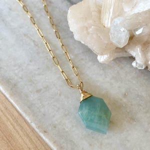 NECKLACE - Gold-Filled Genuine Aquamarine Geometric Shaped Pendant / Gemstone and Paperclip Chain Necklace / March Birthday Birthstone