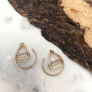 Earrings - 14K Gold-Filled Hammered Triangle and Circle Ear Jackets / Double Front and Back Earrings / Pull Through Post Stud / Mixed Metal