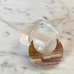 NECKLACE - Crazy Lace Agate and Sterling Silver Hoop Pendant Necklace / Silver and Gemstone Crescent Moon Pendant / Agate Necklace