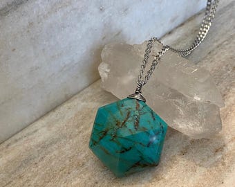 Necklace - Chrysocolla Hexagon and Sterling Silver Gemstone Necklace / Genuine Natural Chrysocolla Stone Necklace / Wire Wrapped Pendant