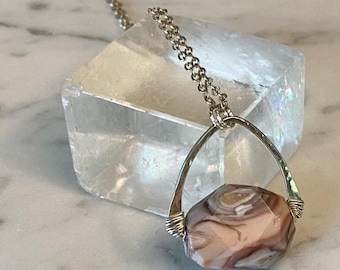 NECKLACE - Pink Botswana Agate and Sterling Silver Triangular-Shaped Hoop Pendant / Hand-formed, Organically Shaped Agate Necklace