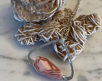 NECKLACE - Pink Botswana Agate and Sterling Silver Triangular  Shaped Hoop Pendant / Hand-formed, Organically Shaped Agate Necklace