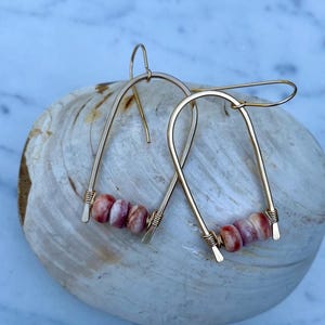 Earrings - Spiny Oyster Shell and Gold-Filled Hoop Arc Earrings / Handformed Hammered Arch Earrings / Gemstone Arcs Arches / 14K Gold Filled