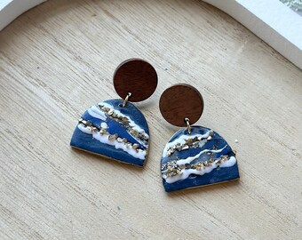 Blue White and Gold Arch Shaped Geode Polymer Clay Earrings