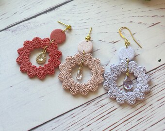 Pastel Pink, Lavender, Coral Colored Mandala Textured / Shaped Polymer Clay Statement Earrings