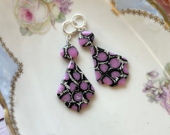 Fuchsia, Black & Silver Boho Teardrop Polymer Clay Statement Rhinestone Earrings