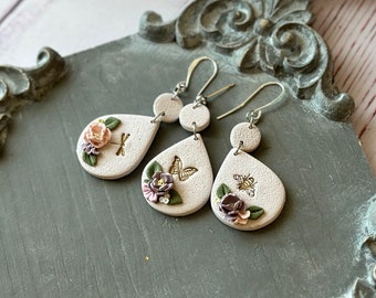 Lavender and Pink Floral Spring Polymer Clay Statement Earrings / Honeybee Dragonfly Butterfly Clay Earrings