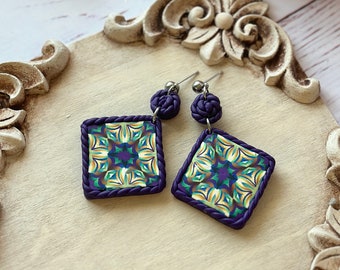 Square Multicolored Purple Polymer Clay Statement Earrings