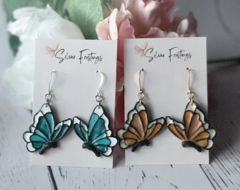 Blue Or Orange Spring Butterfly Polymer Clay Statement Earrings