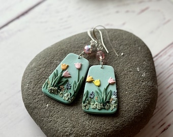 Spring Floral Tulip Polymer Clay Statement Earrings
