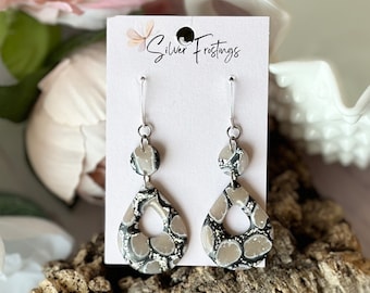 Taupe, Beige Black & Silver Boho Teardrop Polymer Clay Statement Earrings