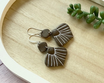 Brown and White Fan Shaped  Polymer Clay Statement Earrings