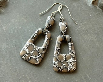 Taupe, Beige Black & Silver Boho Rectangle Polymer Clay Statement Earrings