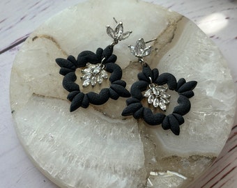 Textured Black Rhinestone Polymer Clay Statement Earrings