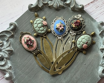 Vintage Style Floral Turtle and Owl Metal  Polymer Clay Bookmark