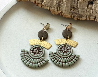 Sage Green and Brown Polymer Clay Statement Earrings / Green Fan Earrings