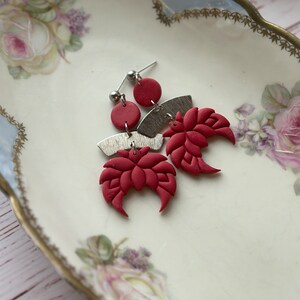 Red Lotus Flower Dangle Polymer Clay Statement Earrings
