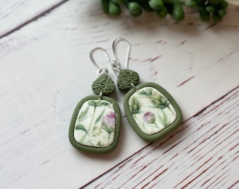 Green and Pink Floral Polymer Clay Statement Earrings / Floral Clay Earrings