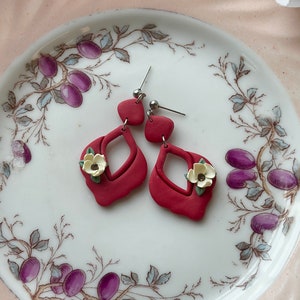 Red with Yellow Flower Polymer Clay Statement Earrings