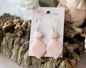 Light Translucent Pink and White Mandala Polymer Clay Statement Teardrop Earrings