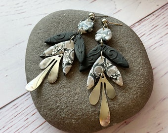 Taupe, Beige Black & Silver Boho Leaf Polymer Clay Long Statement Earrings