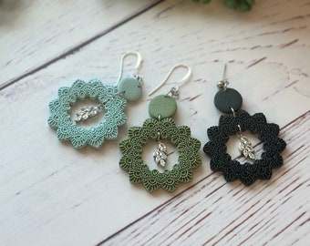 Robin Egg Blue, Olive Green or Black Colored Mandala Textured / Shaped Polymer Clay Statement Earrings