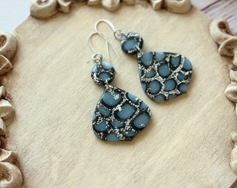 Blue, Black & Silver Boho Teardrop Polymer Clay Statement Rhinestone Earrings