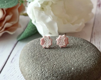 Pink Lace Medium Pink Polymer Clay Stud Earrings