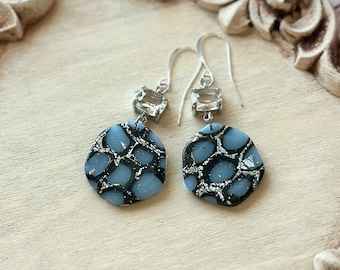 Blue, Black and Silver Organic Circle Polymer Clay Statement Rhinestone Earrings