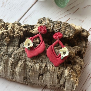 Red and Yellow Floral Polymer Clay Statement Earrings