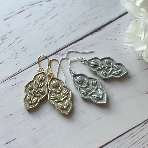 Metallic Silver or Champagne Gold Floral Polymer Clay Earrings