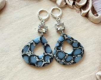 Blue, Black and Silver Teardrop Polymer Clay Statement Rhinestone Earrings