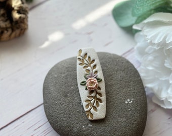 Pink Floral Polymer Clay Alligator Style Hair Barrette