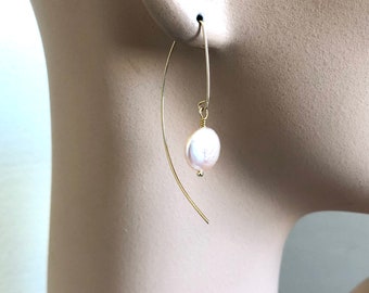 Long Gold filled Coin Pearl 2 inch half-hoop Earrings, Modern Minimalist Statement Earring with Coin Pearl