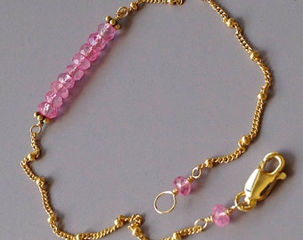 Pink Sapphire Bracelet, Gemstone Jewelry, Dainty Beaded Bar Bracelet, Stacking Bracelet, Mother's day, Gift For Her bridesmaid gift delicate
