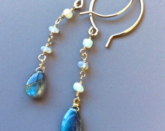 Labradorite Earrings, opal earrings, labradorite, October birthstone, opal hoops, blue earrings, labradorite jewelry,  gemstone earrings