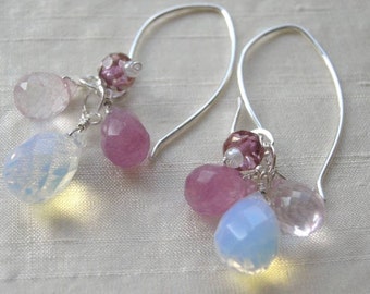Pink earrings, Opalite earrings, Rose Quartz earrings, gift for her, dangle earrings, pink jewelry, bridesmaid earrings, bridal Silver