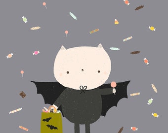 Cat Bat Halloween Tile Coaster illustré