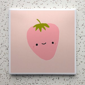 May include: A pink strawberry with a green stem and leaves, smiling with closed eyes. The strawberry is on a light pink background.