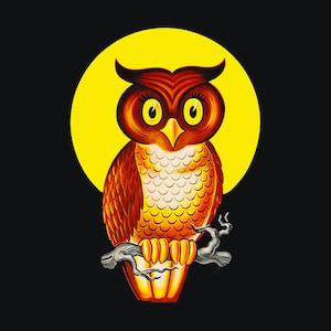May include: A brown and orange owl with large yellow eyes perched on a branch in front of a yellow moon.