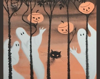 vintage Ghost Forest Halloween Tile Coaster