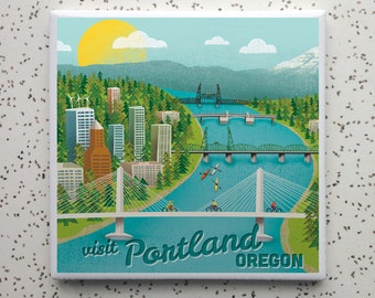 May include: A colourful illustration of the Portland skyline with the Willamette River, bridges, and the text "visit Portland OREGON".