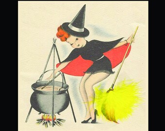 Vintage Pin up Witch Cauldron Tile Coaster
