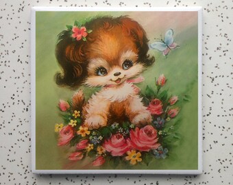 Vintage Puppy Bouquet Tile Coaster