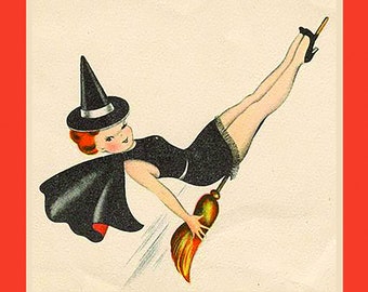 Vintage Pin up Witch on Broomstick Tile Coaster