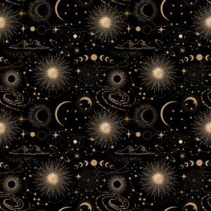 Può includere: Uno schema senza cuciture che presenta un design celeste con stelle dorate, lune e galassie su uno sfondo nero.