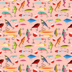 May include: A seamless pattern featuring a variety of colorful fishing lures and bobbers on a pink background. The lures are in various shapes and sizes, with some featuring realistic fish designs.