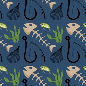 Può includere: Uno schema senza cuciture che presenta una varietà di elementi a tema pesca su uno sfondo blu scuro. Lo schema include ami da pesca, canne da pesca, reti da pesca, ossa di pesce e esche artificiali.